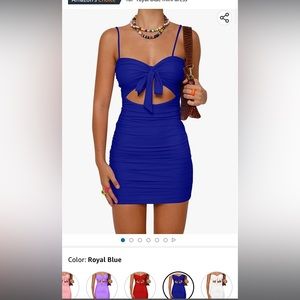 BORIFLORS ruched mini front knot spaghetti strap bodycon dress royal blue sizexs